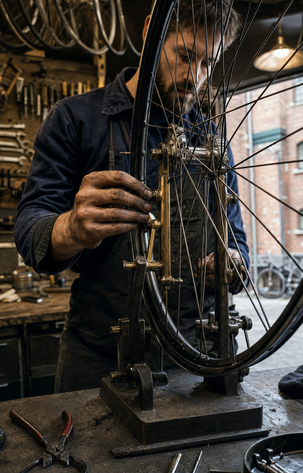 Ein Fahrradmechaniker zentriert ein Laufrad