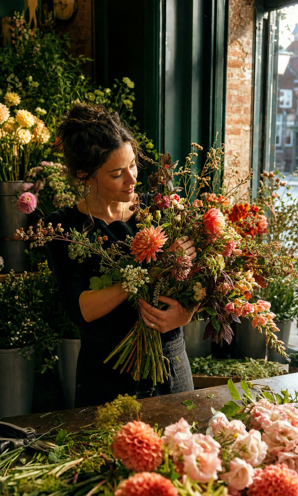Eine Floristin bindet einen großen saisonalen Blumenstrauß